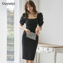 Vestido elegante de escritório preto, versão coreana, verão 2021, manga curta de malha com pescoço quadrado, cintura alta, vestido de festa justo feminino 2024 - compre barato
