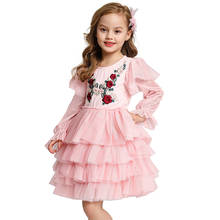 Girls Flower Embroidery Gown Pink Layered Dress for Girl Kids Spring Summer Long Sleeve Vestido Children Fancy Bithday Clothing 2024 - compre barato