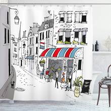 Cortina de ducha de decoración de París por dibujo de una calle en París, una cafetería y la lámpara de calle, ilustración, tela impresa, decoración de baño 2024 - compra barato