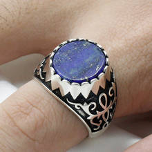 Pure Real 925 Sterling Silver Men Ring with Natural Flat Lapis Lazuli Blue Stone Vintage Carved Design Turkish Male Ring Jewelry 2024 - buy cheap