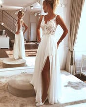 Vintage Sexy Backless White Chiffon Boho Wedding Dresses 2020 A Line Appliqued Wedidng  Bride Gowns  With High Slit  Simple 2024 - buy cheap