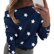 Женская блузка с открытыми плечами, хлопковая футболка с длинным рукавом и золотым принтом в виде звезды/сердца, пуловер для работы 2024 - купить недорого