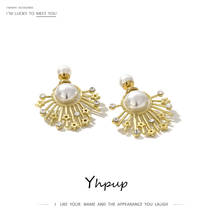 Yhpup personalidad Vintage hueco estrella Stud pendientes de cobre perlas de imitación de oro pendientes para mujer joyería de moda S925 Post 2024 - compra barato