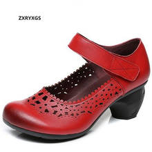 Zapatos huecos de piel auténtica para mujer, Sandalias de tacón alto transpirables, color negro, blanco y rojo, primavera y verano, 2021 2024 - compra barato
