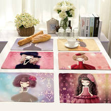 Manteles individuales con estampado de chica de Anime para comedor, decoración de cocina, vajilla, posavasos de café, almohadilla textil de lino y algodón para el hogar 2024 - compra barato