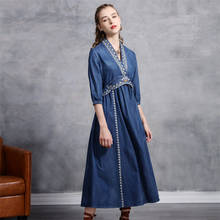 Autumn Women Denim Dress 2020 Vintage A line V-Neck Embroidery Dress Lantern Sleeve Dresses Vestidos Q82253 Vestido Feminina 2024 - buy cheap