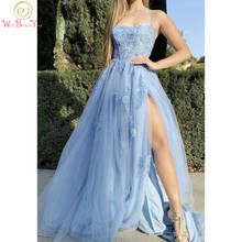 Blue Tulle Lace Long Prom Dress Appliques Formal Gown 2020 Boat Neckline Spaghetti Strap Split Sweep Train Woman Evening Gown 2024 - buy cheap