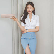 new arrival fashion korean style set for women summer office lady elegant simple blue pencil skirt and white shirt two piece set 2024 - buy cheap