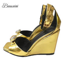 Gold Patent Leather High Wedges Sandals For Girls Women Square Open Toe Cover Heels Diamond Rhinestone Decor Party Shoes Summer 2024 - buy cheap