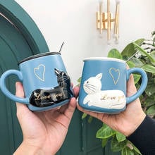 3D Relief Cat Coffee Mug with Lid and Spoon Love Kitty Ceramic Water Tea Cup Wedding Gift Blue and Black 400ml 2024 - buy cheap