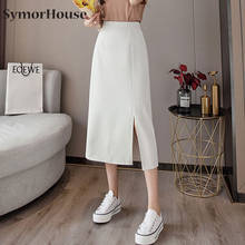 Women Skirt 2022 Spring Summer Preppy Style Solid Casual Elegant Pocket Elastic High Waist Slit A-Line Midi Skirts Falda 2024 - buy cheap