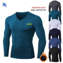 Custom LOGO Thermal Fleece Long Sleeve Running Shirts Men V Neck Gym Fitness Sportswear T-Shirt Quick Dry Stretch Top Tees 2024 - buy cheap