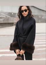 Arlenesain-abrigo de lana de doble cara para mujer, abrigo largo medio con mangas de piel de sable 2024 - compra barato