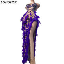 Sexy Lead Dancer Stage Wear Purple Rhinestones Sequins Feather Slit Long Dress Nightclub Bar Party Singer Performance DS Costume 2024 - buy cheap