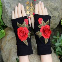 Womens Retro Summer Gloves Handmade Women's Spring Gloves Summer Flowers Fingerless Gloves Black Mittens Embroidery Gloves 2024 - buy cheap