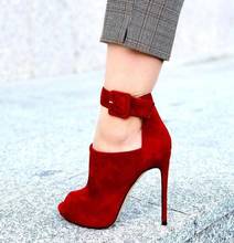 Moraima Snc Wine Red Suede Peep Toe Booties Stiletto Heel Cut Out Boots Sexy Thin Heels Ankle Boots for Woman Buckle Strap Shoes 2024 - buy cheap