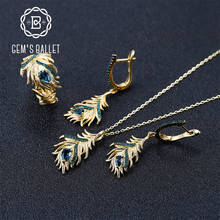 GEM'S BALLET Natural London Blue Topaz Gemstone Earrings Ring Pendant Set 925 Sterling Silver Golden Feather Women's Jewelry Set 2024 - buy cheap