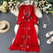 2020 New Women Vintage Dress Spring Summer Long Puff Sleeve Sexy V Neck Long Robe Ladies Floral Embroidery Dresses Vestidos 2024 - buy cheap