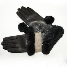 Leather Goatskin Gloves Women's Black Rabbit Fur Cuffs Mid-length Style Thin Wool Lining Hand Repair Keep Warm in Autumn 2024 - buy cheap