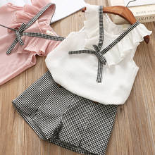 3-8Y Summer Cute Infant Kids Baby Girls Clothes Chiffon Sleeveless Ruffles Vest Tops+Plaid Print Shorts 2024 - buy cheap