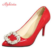 Aphixta sapatos femininos de salto alto stiletto 10cm, com pérolas frisadas, ponta fina, para festa de casamento, escritório, tamanho grande 48 2024 - compre barato