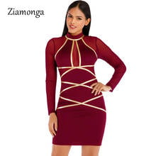 Ziamonga 2020 High Quality Women Dress Winter Long Sleeve Patchwork Clubwear Sexy See Through Mesh Spliced Bodycon Bandage Dress 2024 - buy cheap