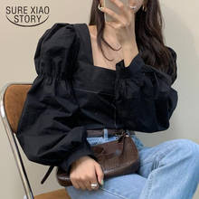 Fashion Chic Korean Square Collar Blouse Shirt Women Long Puff Sleeve Ladies Tops White Soft Shirts Black Top Blusas Mujer 12391 2024 - buy cheap
