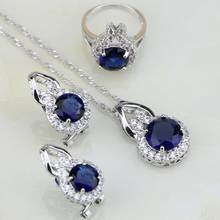 Round Shaped Blue Cubic Zirconia White CZ 925 Sterling Silver Jewelry Sets For Women Wedding Earring/Pendant/Necklace/Ring 3PCS 2024 - buy cheap