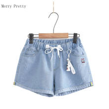 Bordado dos desenhos animados 2xl denim shorts para as mulheres verão 2020 cintura alta shorts jeans doce estilo menina mini quente curto com bolso 2024 - compre barato