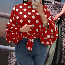 Senhoras de escritório verão streewear plus size vermelho elegante curto blusas mulher casual manga longa lanterna bolinhas feminino topo colheita 2024 - compre barato