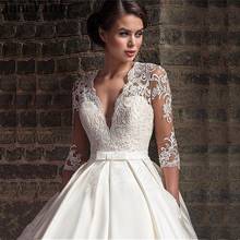 JaneVini Elegant Wedding Dress Lace Appliqued Boho Wedding Gowns for Bride 3/4 Sleeves V Neck Satin Bridal Dresses Mariage 2020 2024 - buy cheap