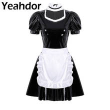 3Pcs Women Adults French Maid Cosplay Costume Outfit Square Neck Puff Sleeve A-line Patent Leather Dress with Apron and Headband 2024 - buy cheap