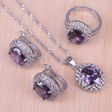 Risenj  silver color  jewelry for wedding purple crystal white cubic zirconia hoop earrings ring necklace set for women 2024 - buy cheap