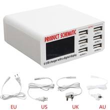 Настенный адаптер для быстрой зарядки с 6 USB-портами, вилка для ЕС, США, Великобритании, ЖК-экран 2024 - купить недорого