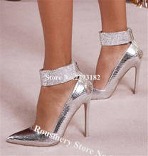 Women Luxurious Pointed Toe Bling Rhinestone Straps Stiletto Heel Pumps Silver Blue Back Zipper-up High Heels Wedding Shoes 2024 - buy cheap