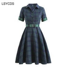 LSYCDS Vintage 50s 60s Swing Retro Dresses Fall Spring Turn-down Collar Button Up Women Clothes Dresses Elegant Robe Plaid Dress 2024 - buy cheap