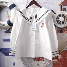 Japan Style Cute Bear Embroidery Patchwork Peter Pan Collar Long Sleeve Shirt Women Blouse 2024 - buy cheap
