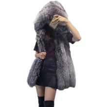 Chaleco de piel sintética con capucha para mujer, abrigo de piel de zorro de imitación, largo, a la moda, para invierno 2024 - compra barato