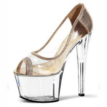 Туфли женские демисезонные на высоком каблуке, серебристые, золотистые, 17 см, с открытым носком, прозрачная подошва с кристаллами 2024 - купить недорого