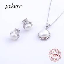 Pekurr 925 Sterling Silver Jewelry Sets White Pearl & Elegant Hollow Flower Pattern Edge Women Stud Earring Necklaces Pendants 2024 - buy cheap