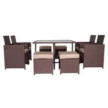 Outdoor Furniture Set 9 Pieces Wood Grain PE Wicker Rattan Dining Ottoman with Tempered Glass Table Patio Furniture Set 2023 - buy cheap
