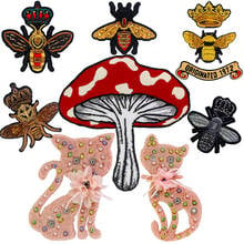 2pcs  Beaded Cute Fur Cat Mushroom Patches Crown Bee Decal Badge Sew on Embroidery Applique Patches for Arts Crafts DIY Decor 2024 - buy cheap