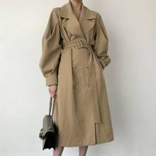 2021 Spring British Vintage Women Khaki Trench Coat Puff Sleeve Suit Collar Elegant Female Windbreaker With Belt Gabardina Mujer 2024 - buy cheap