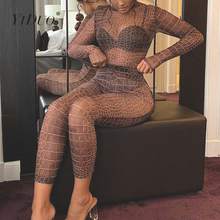 YiDuo 2020 Snake Print Mesh See-Through Bodysuit And Leggings 2 Pieces Set Club Party Wear Autumn Winter Women Sexy Outfits 2024 - buy cheap