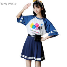 Летние женские комплекты, хлопковые футболки с мультяшным принтом и плиссированные мини-юбки на молнии с завышенной талией Mori Girl S-xl, комплект из 2 предметов 2024 - купить недорого