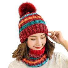 New Warm Winter Hat For Women Female Fur Lined Soft Beanie Neck Warmer Scarf Thick Striped Color Knitted Hat Fashion Pompom Hat 2024 - buy cheap