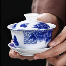 Capa tigela de chá jingdezhen porcelana branca conjunto chá grande tigela porcelana azul e branco pintado à mão único sancai gaiwan 2024 - compre barato