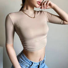 Women High Neck Half Sleeve Ruched Side Fitted Crop Top 2024 - buy cheap