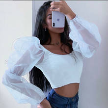 Summer Elegant Women Square neck Long Lace Puff Sleeve See-through Pullover Elastic Crop Tops Blouse 2024 - buy cheap