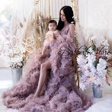 Trendy Blush Pink Ruffles Tulle Long Formal Dresses For Pregnant Women To Picture Shoot Puffy Full Sleeves See Thru Women Robe 2024 - buy cheap